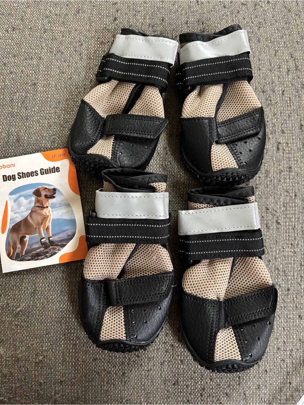 Beige & Black Protective Dog Boots with Reflective Straps